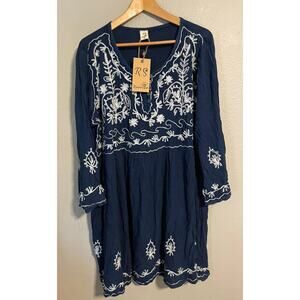 Riviera Sun Dress Womens 1X Blue White Embroidered Boho Tunic Rayon India NWT